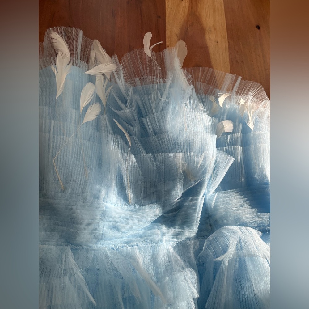 NWT Mac Duggal Feathered Strapless Tulle Fit + Flare Dress Powder Blue - Sz 10 - Picture 5 of 8